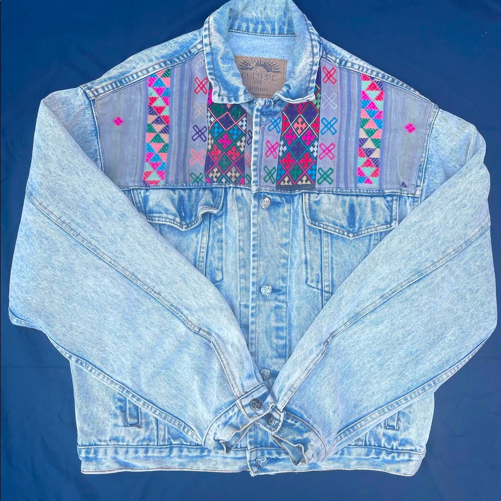 90s Mens or Womens Oversized Denim Jacket with Navajo Inspired Fabric